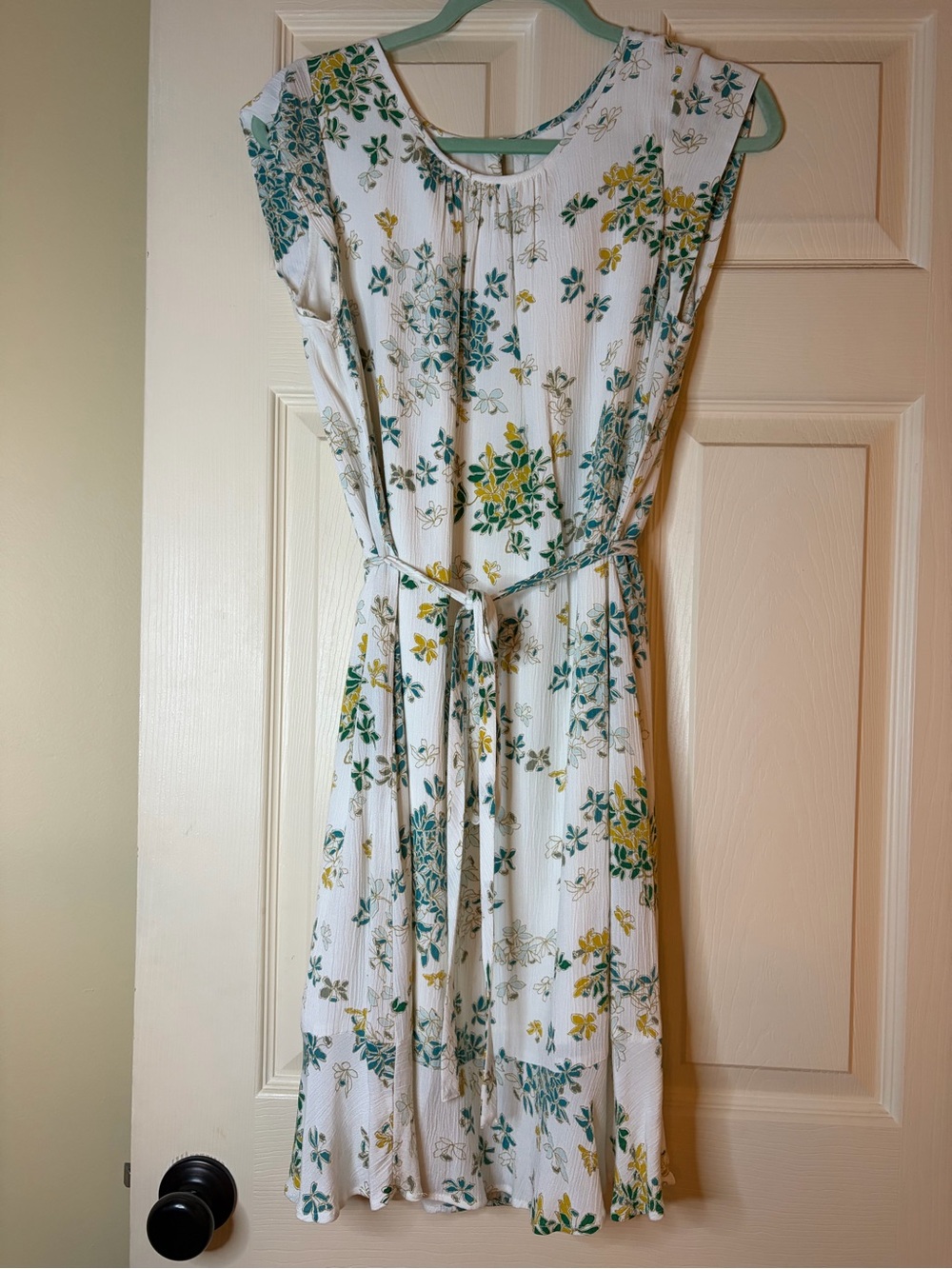 LOFT White Floral Belted Midi Dress - Teal & Yellow Print